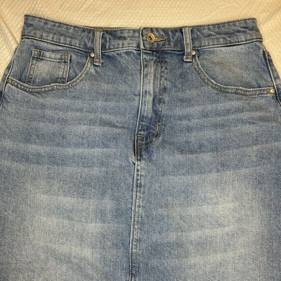 SANCTUARY Light Blue High Rise Front Slit Midi Denim Jean Skirt Raw Hem Size 28 - Picture 6 of 12